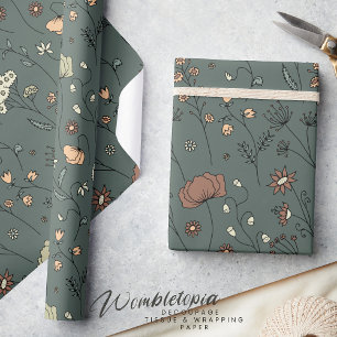 Rustic Botanical Wildflowers in Sage Green Peach Wrapping Paper