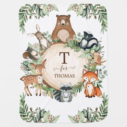 Rustic Botanical Woodland Baby Animals Monogram Baby Blanket