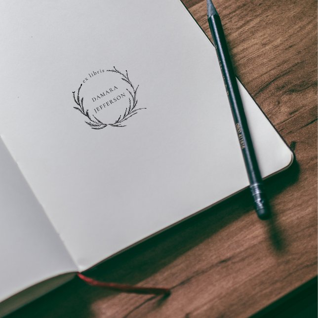 Rustic Botanical Wreath Custom Name Ex Libris Book Rubber Stamp (Creator Uploaded)