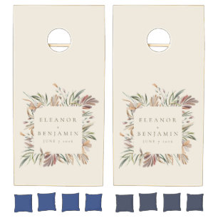 Rustic Botanical Wreath Earth Tones Wedding Names  Cornhole Set