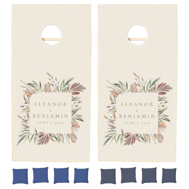 Rustic Botanical Wreath Earth Tones Wedding Names  Cornhole Set (Set)