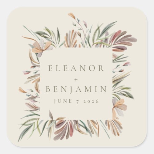 Rustic Botanical Wreath Earth Tones Wedding Names  Square Sticker