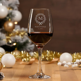 Rustic Botanical Wreath Monogram Christmas Wine Glass