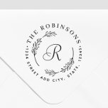 Rustic Botanical Wreath Monogram Return Address Self-inking Stamp<br><div class="desc">Custom-designed round return address stamp featuring elegant script monogram encircled in a modern rustic botanical wreath design.</div>