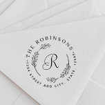 Rustic Botanical Wreath Monogram Return Address Self-inking Stamp<br><div class="desc">Custom-designed round return address stamp featuring elegant script monogram encircled in a modern rustic botanical wreath design.</div>