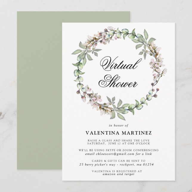 Rustic Botanical Wreath Virtual Bridal Baby Shower Invitation (Front/Back)