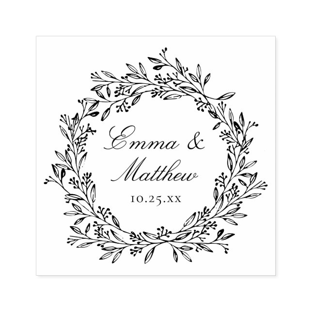 Rustic Botanical Wreath Wedding Logo Monogram Rubber Stamp (Imprint)