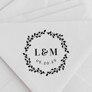 Rustic Botanical Wreath Wedding Monogram Rubber Stamp