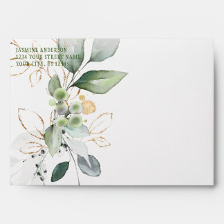 Rustic Botanicals Green & Gold Leaves Wedding Envelope