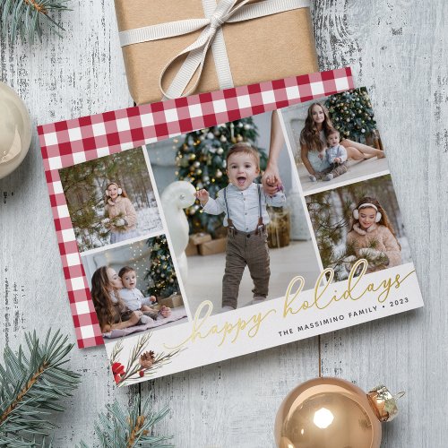 Rustic Bough  Happy Holidays Photo Collage Foil Holiday Card
