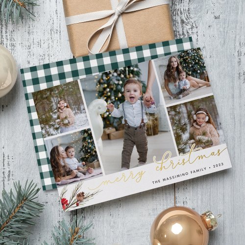 Rustic Bough  Photo Collage Foil Holiday Card