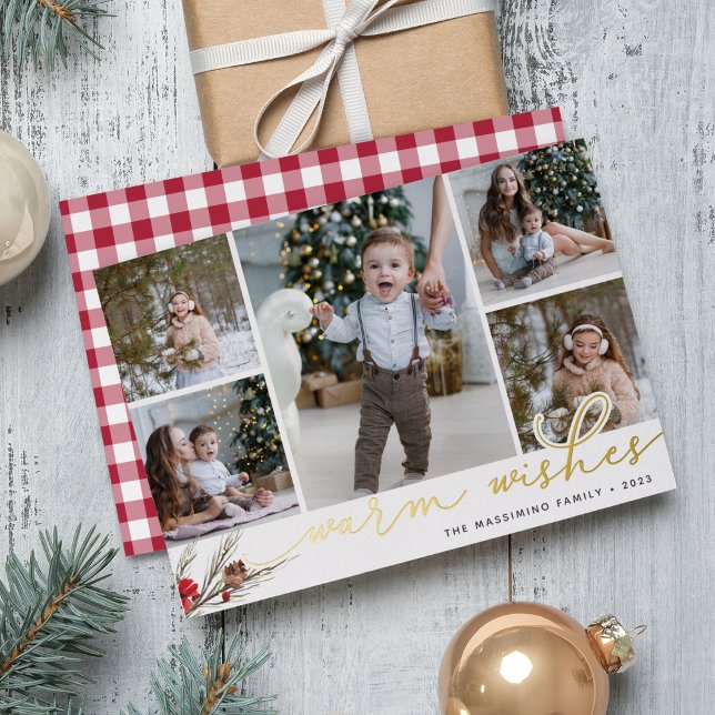 Rustic Bough | Warm Wishes Photo Collage Foil Holiday Card (Creator Uploaded)