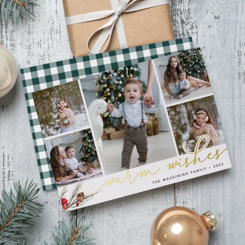 Rustic Bough  Warm Wishes Photo Collage Foil Holiday Card