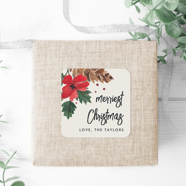 Rustic Bough | Watercolor Christmas Personalized Square Sticker (Creator Uploaded)