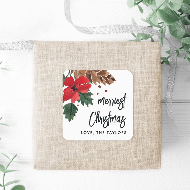 Rustic Bough | Watercolor Christmas Personalized Square Sticker (Creator Uploaded)