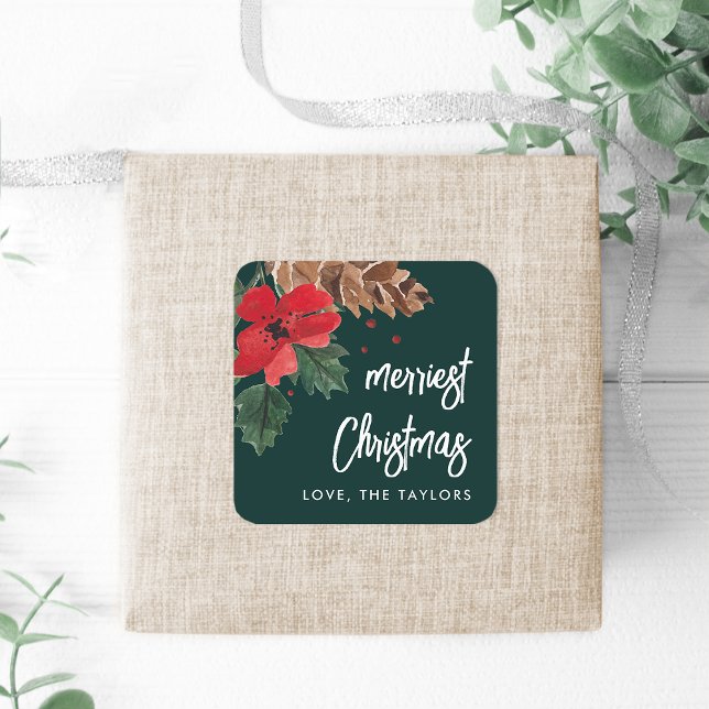Rustic Bough | Watercolor Christmas Personalized Square Sticker (Creator Uploaded)