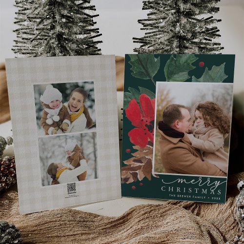 Rustic Bough  Watercolor Christmas Photo Holiday Card