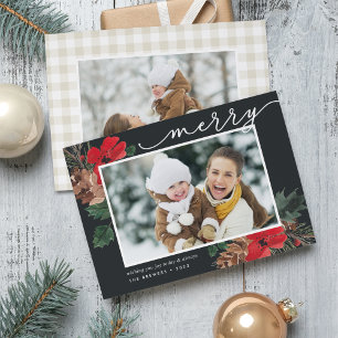 Rustic Bough Watercolor Floral Photo Christmas Holiday Card