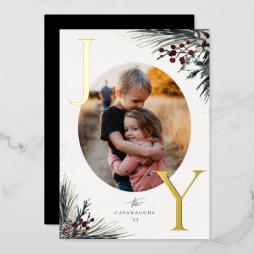 Rustic Boughs Gold Joy Holiday Photo Card