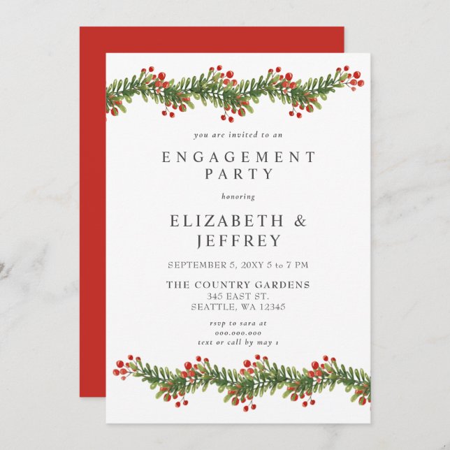 Rustic Boughs of Holly Christmas Engagement Party Invitation (Front/Back)