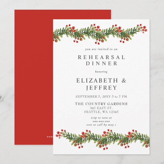 Rustic Boughs of Holly Christmas Rehearsal Dinner Invitation (Front/Back)