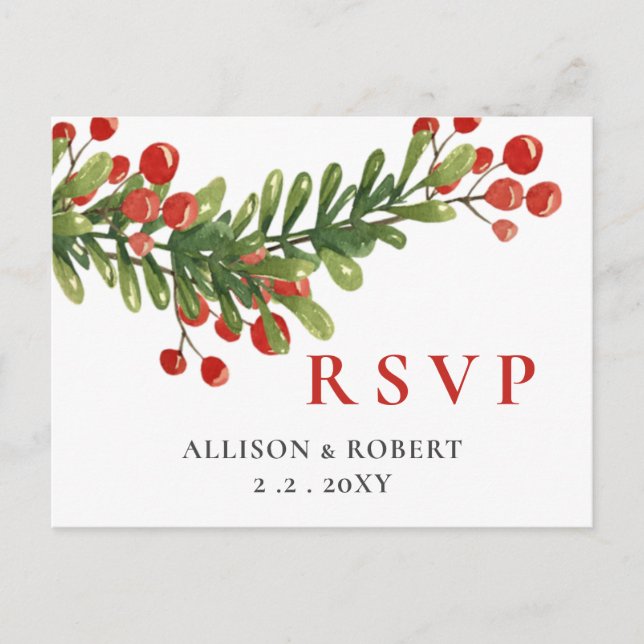 Rustic Boughs of Holly Christmas Wedding RSVP Invitation Postcard (Front)