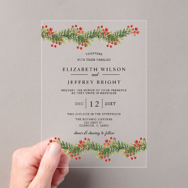 Rustic Boughs of Holly Winter Christmas Wedding In Acrylic Invitations (Insitu (Handheld))