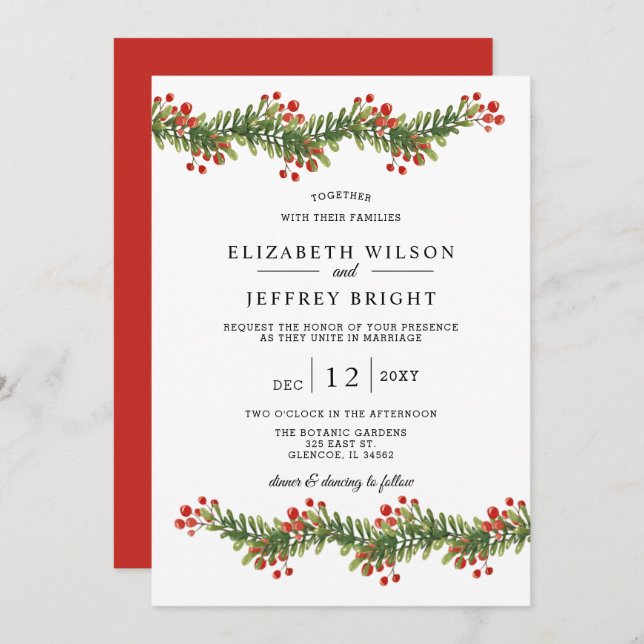 Rustic Boughs of Holly Winter Christmas Wedding Invitation (Front/Back)