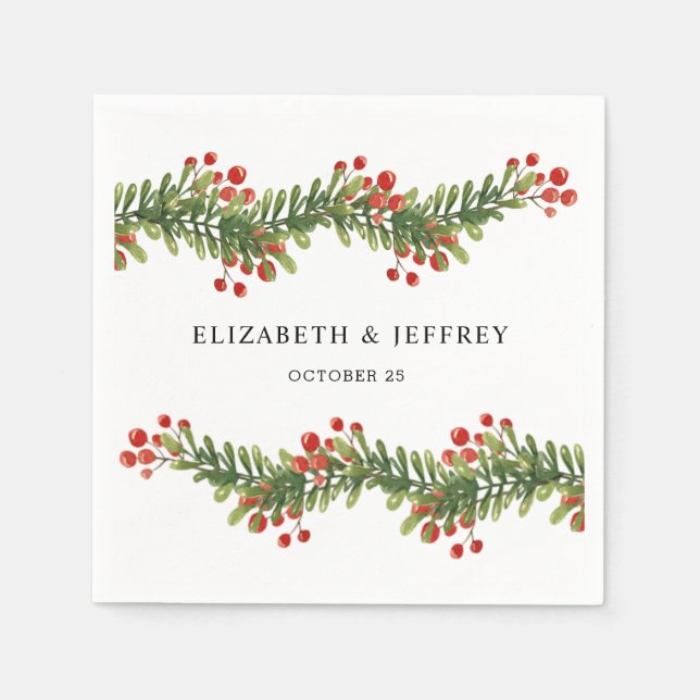 Rustic Boughs of Holly Winter Christmas Wedding Napkins (Front)
