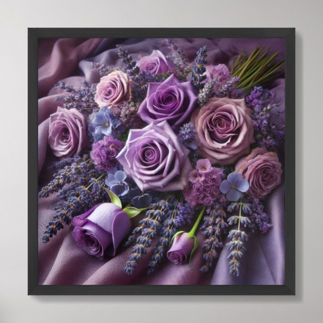 Rustic bouquet of lavender purple roses on linen framed art (Framed Front)