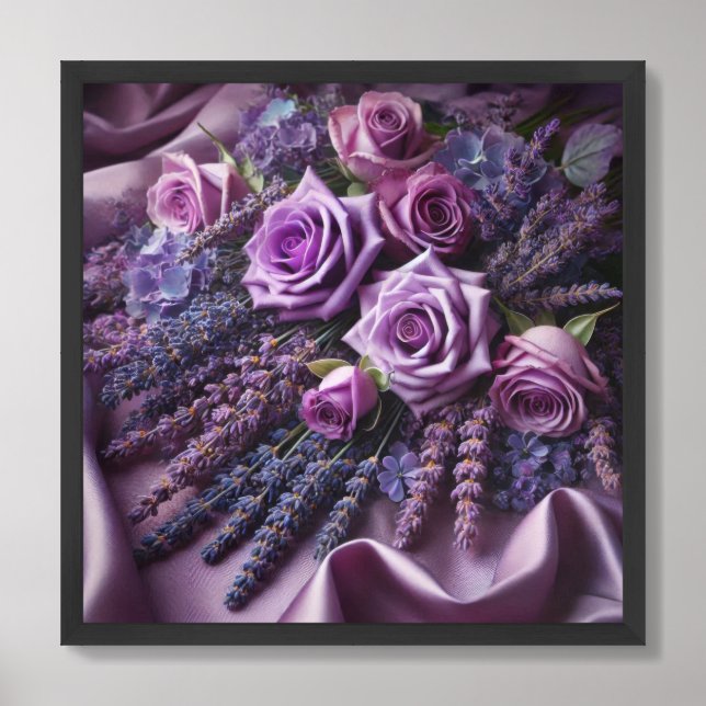 Rustic bouquet of lavender purple roses on linen framed art (Framed Front)