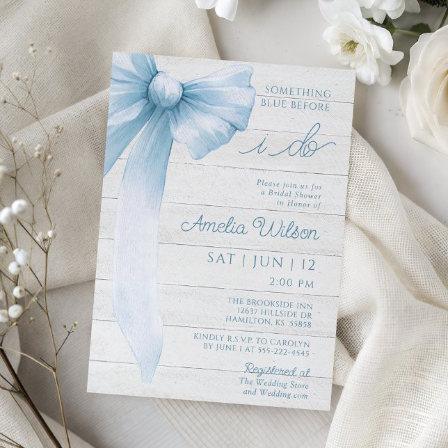 Rustic Bow Something Blue Bridal Shower Invitation (Rustic Bow Something Blue Bridal Shower Invitation)