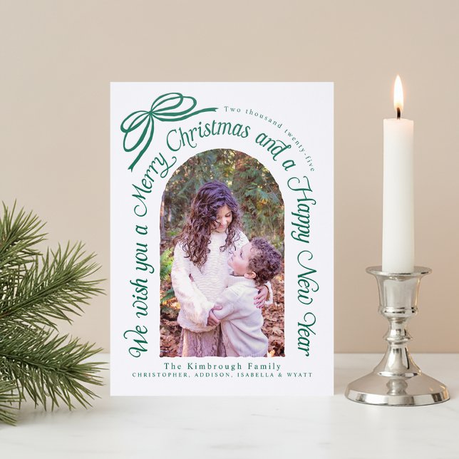 Rustic Bow We Wish You a Merry Christmas  Letterpress Photo Cards (Shown in Hunter Green ink letterpress)