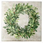 Rustic Boxwood Berries Neutral Vintage Watercolors Ceramic Tile<br><div class="desc">Watercolor boxwood wreath with berries graphic on a neutral color vintage rustic background.  Perfect for a farmhouse and country home decor ceramic tile.  100% customer satisfaction with "Zazzle" every day.</div>