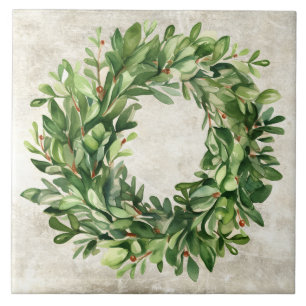 Rustic Boxwood Berries Neutral Vintage Watercolors Ceramic Tile