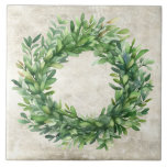 Rustic Boxwood Neutral Vintage Watercolors Ceramic Tile<br><div class="desc">Watercolor boxwood wreath graphic on a neutral color vintage rustic background.  Perfect for a farmhouse and country home decor ceramic tile.  100% customer satisfaction with "Zazzle" every day.</div>