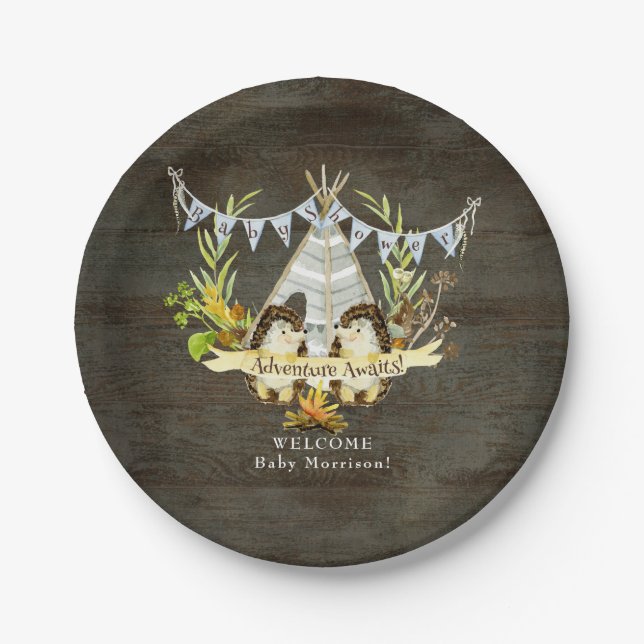 Rustic Boy Baby Shower Hedgehog Adventure Awaits Paper Plates (Front)