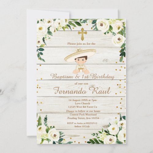Rustic Boy Baptism and First Birthday Mexican Invitation