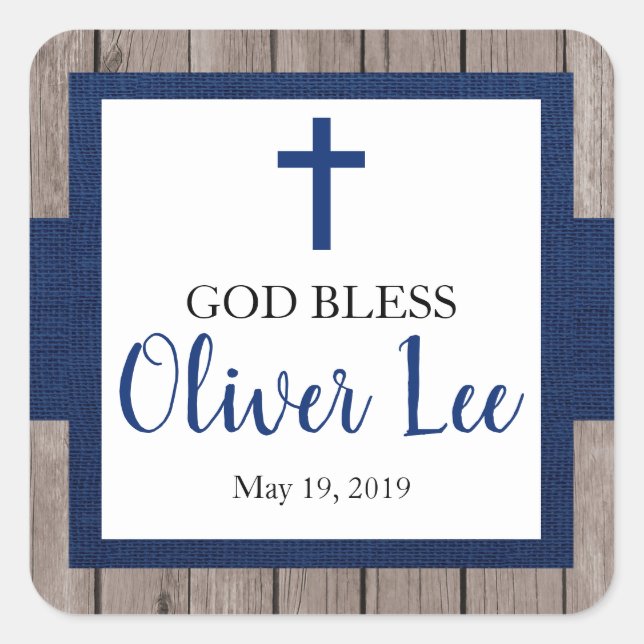 Rustic Boy Baptism God Bless Favor Square Sticker (Front)