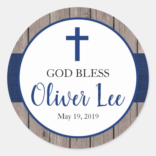 Rustic Boy Baptism Navy Burlap & Wood Favor Classic Round Sticker (Front)