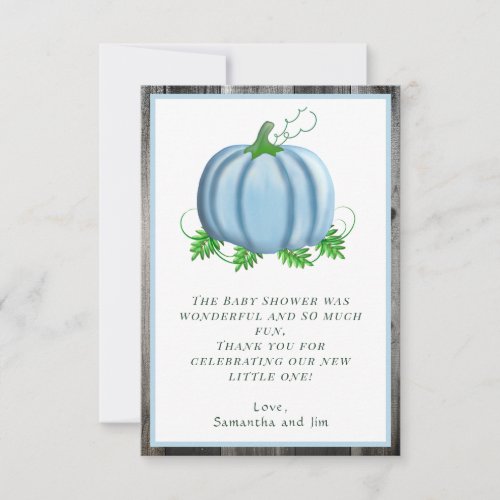 Rustic Boy Blue Pumpkin Baby Shower Wood Thank You Card