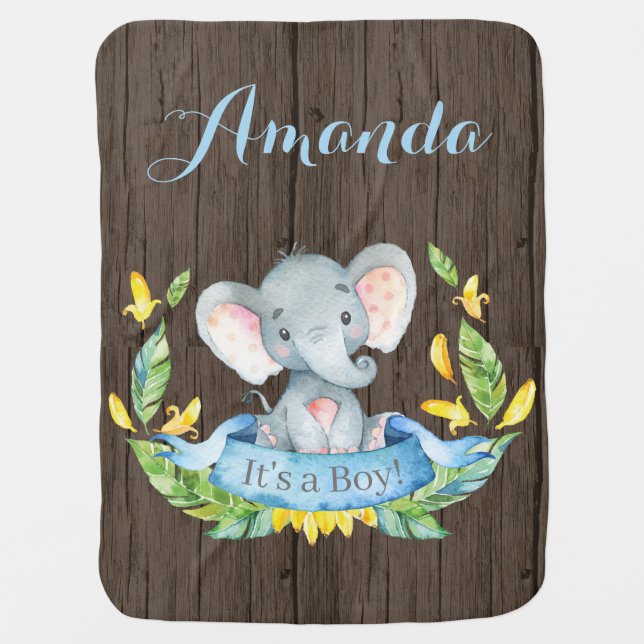 Rustic Boy Elephant Baby Blue Baby Blanket (Front)