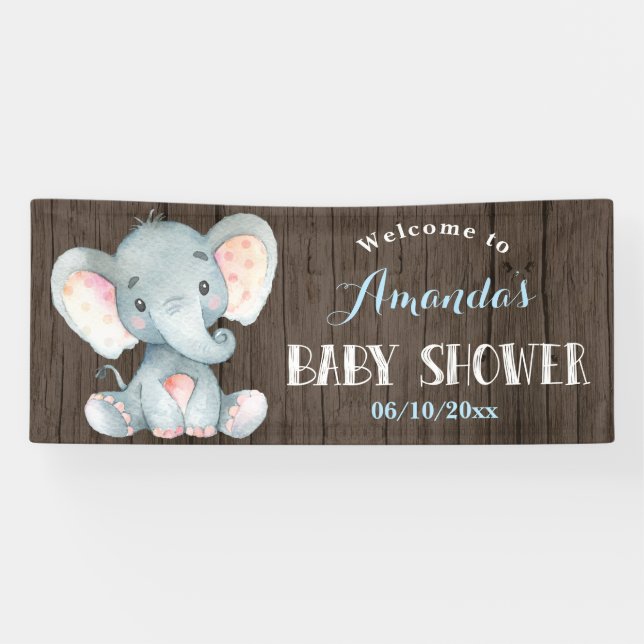 Rustic Boy Elephant Baby Shower Blue and Gray Banner (Horizontal)