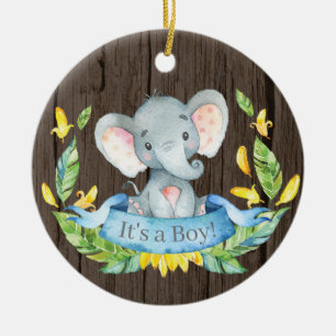 Rustic Boy Elephant Baby Shower Blue Ceramic Ornament
