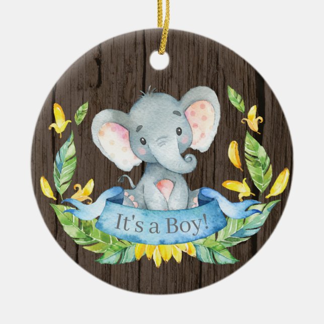 Rustic Boy Elephant Baby Shower Blue Ceramic Ornament (Front)