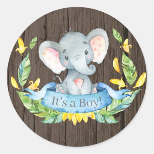 Rustic Boy Elephant Baby Shower Blue Classic Round Sticker