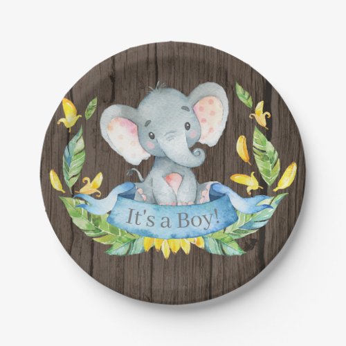 Rustic Boy Elephant Baby Shower Blue Paper Plate
