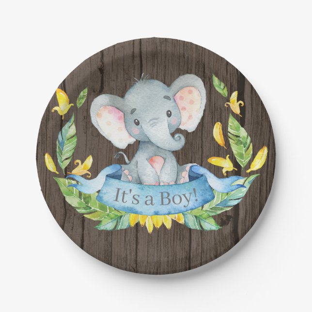Rustic Boy Elephant Baby Shower Blue Paper Plate (Front)
