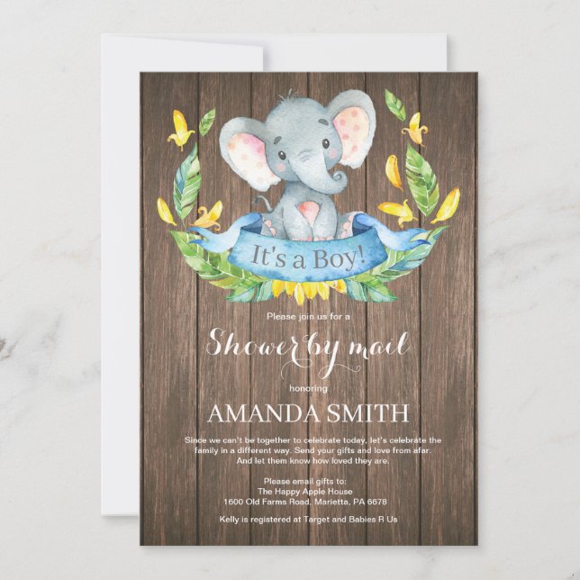 Rustic Boy Elephant Baby Shower by Mail Invitation (Front)