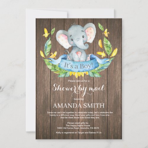 Rustic Boy Elephant Baby Shower by Mail Invitation